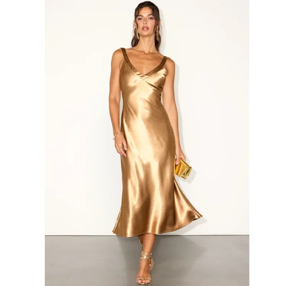 Lulus Perfectly Gold Satin Strappy Midi Dress Backless Crisscross Size Small